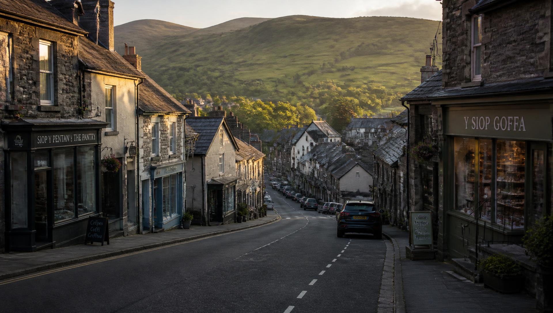 A Welsh village high street at the foot of green hills