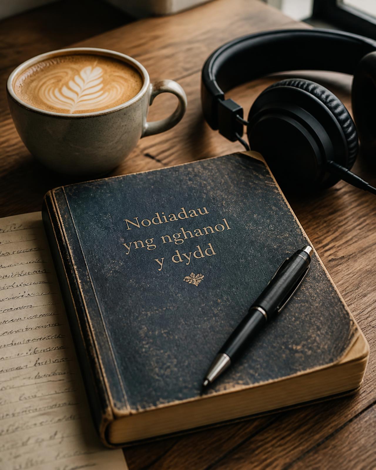 A Welsh notebook, pen, coffee and headphones on a wooden table