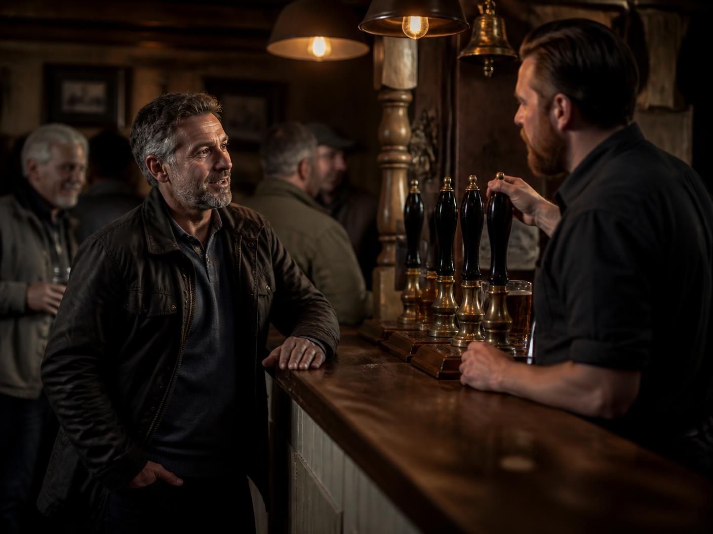 A man ordering a pint at a traditional Welsh pub