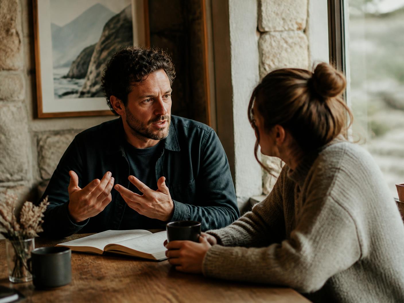 Two adults talking through a Welsh conversation at a table