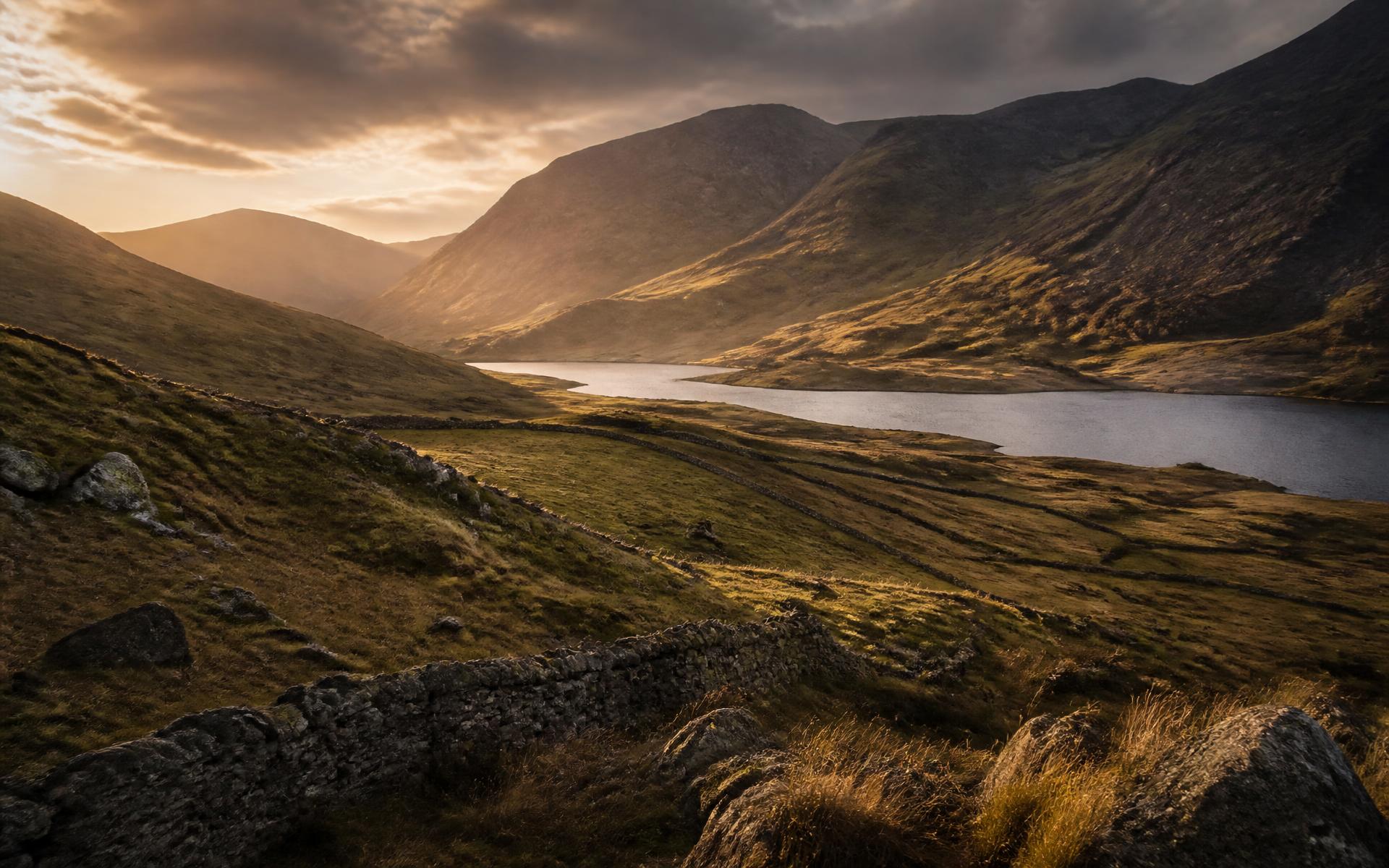 Welsh mountain valley and lake at golden hour