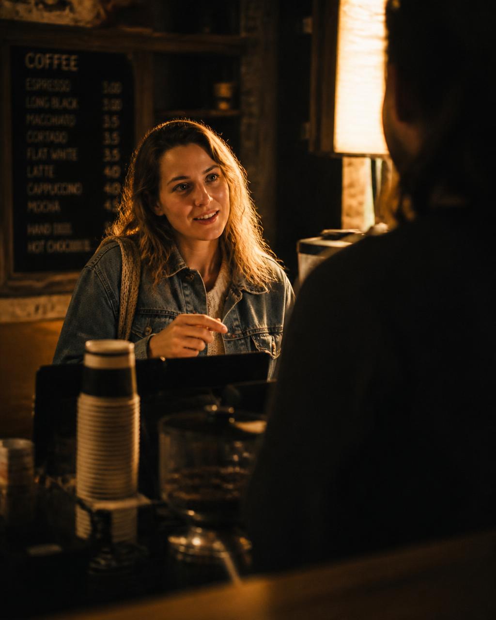 A woman speaking Welsh at a café counter
