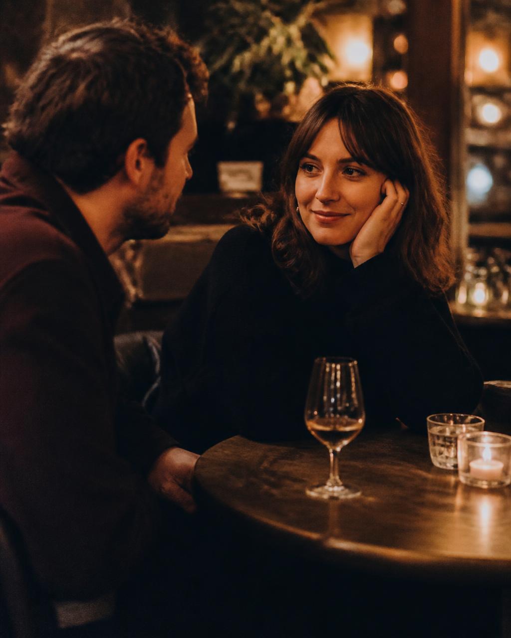 Two people talking in a café